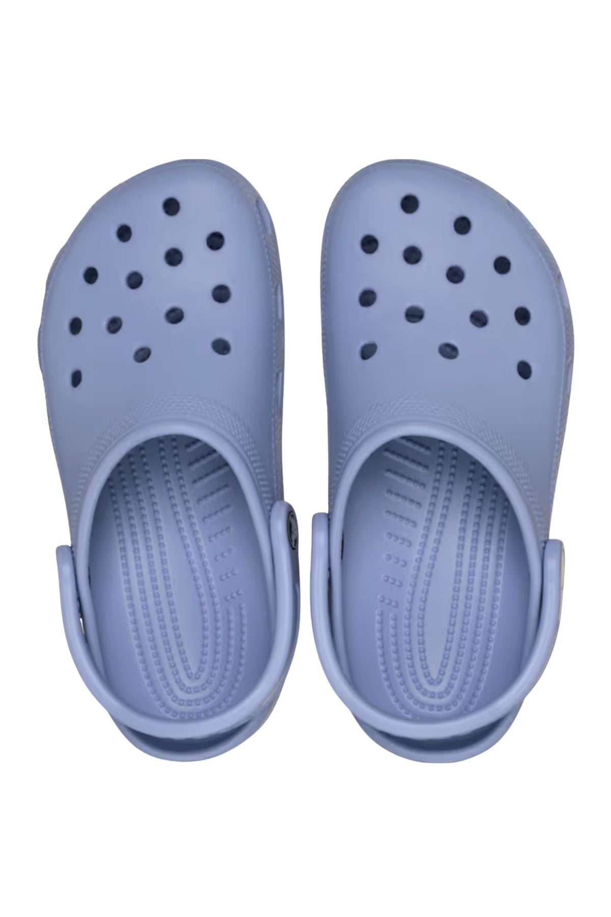 A pair of Crocs Classic Clog in light purple, featuring ventilation holes and adjustable heel straps, viewed from above on a white background—ideal lightweight, breathable footwear for water adventures.