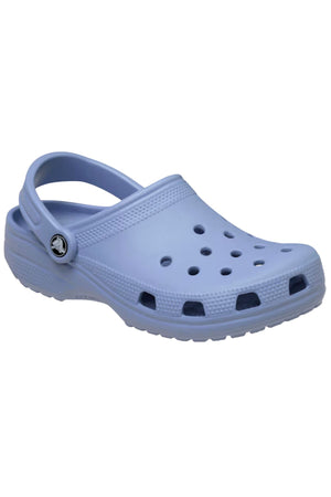 The Crocs Classic Clog in light purple features ventilation holes, a textured sole, and an adjustable heel strap with the Crocs logo—an ideal lightweight, breathable choice for all your water adventure footwear needs.