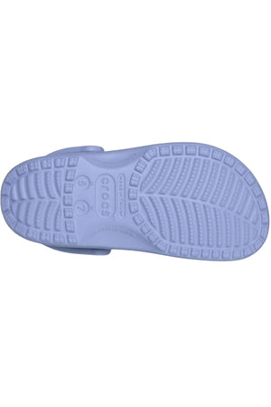 The sole of a light purple Crocs Classic Clog features textured tread and raised "5/7" size markings—ideal for anyone seeking the iconic lightweight, breathable comfort of Crocs Classic Clog.