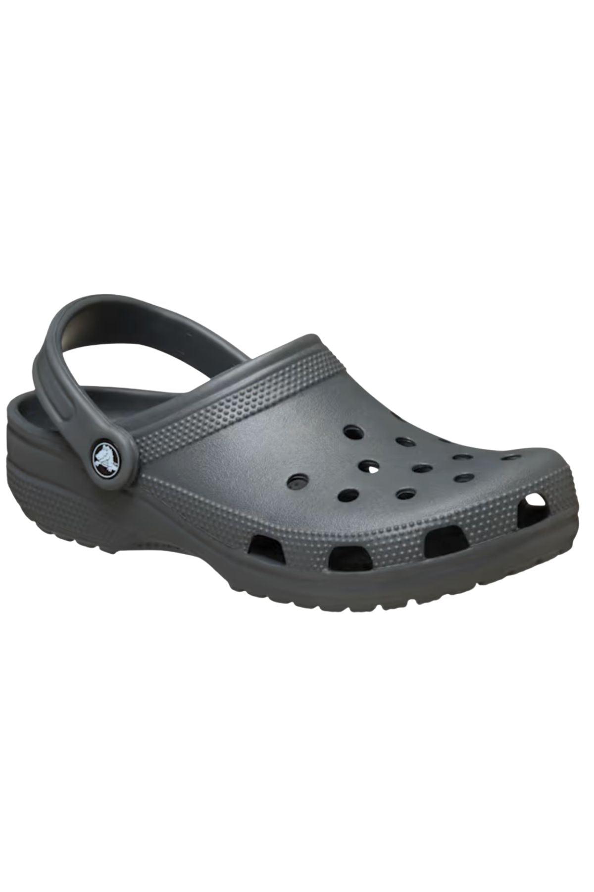 The Crocs Classic Clog in gray features ventilation holes, a textured sole, and an adjustable heel strapβideal as a lightweight, breathable comfort shoe for all-day wear.