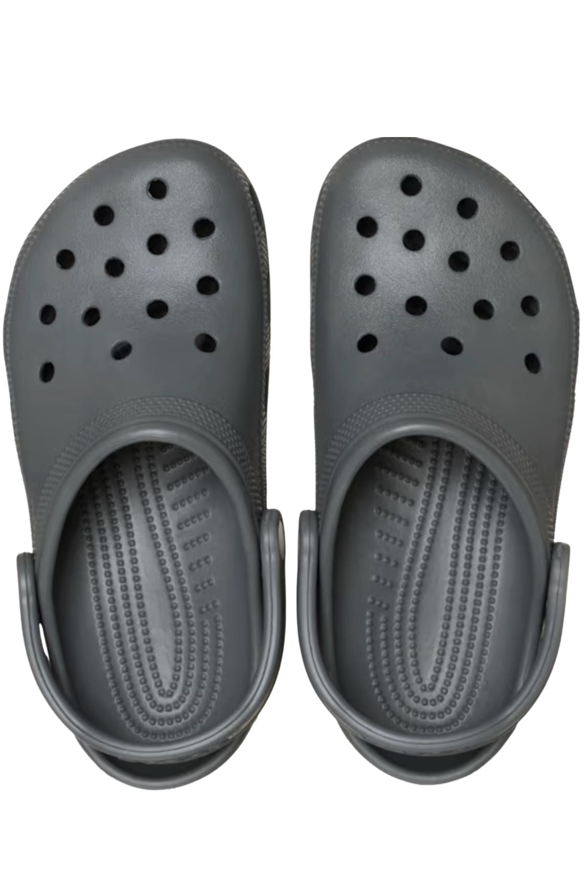 The Crocs Classic Clog is a lightweight, breathable shoe with perforated holes and textured insoles, shown from above on a white backgroundβideal for comfortable water adventures.