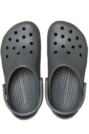 The Crocs Classic Clog is a lightweight, breathable shoe with perforated holes and textured insoles, shown from above on a white backgroundβideal for comfortable water adventures.