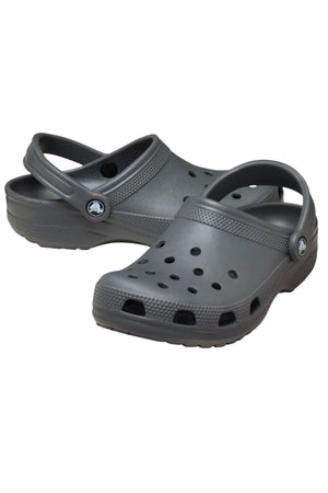 The Crocs Classic Clog features ventilation holes, a textured sole, and adjustable heel straps in grayβlightweight and breathable for any adventure.