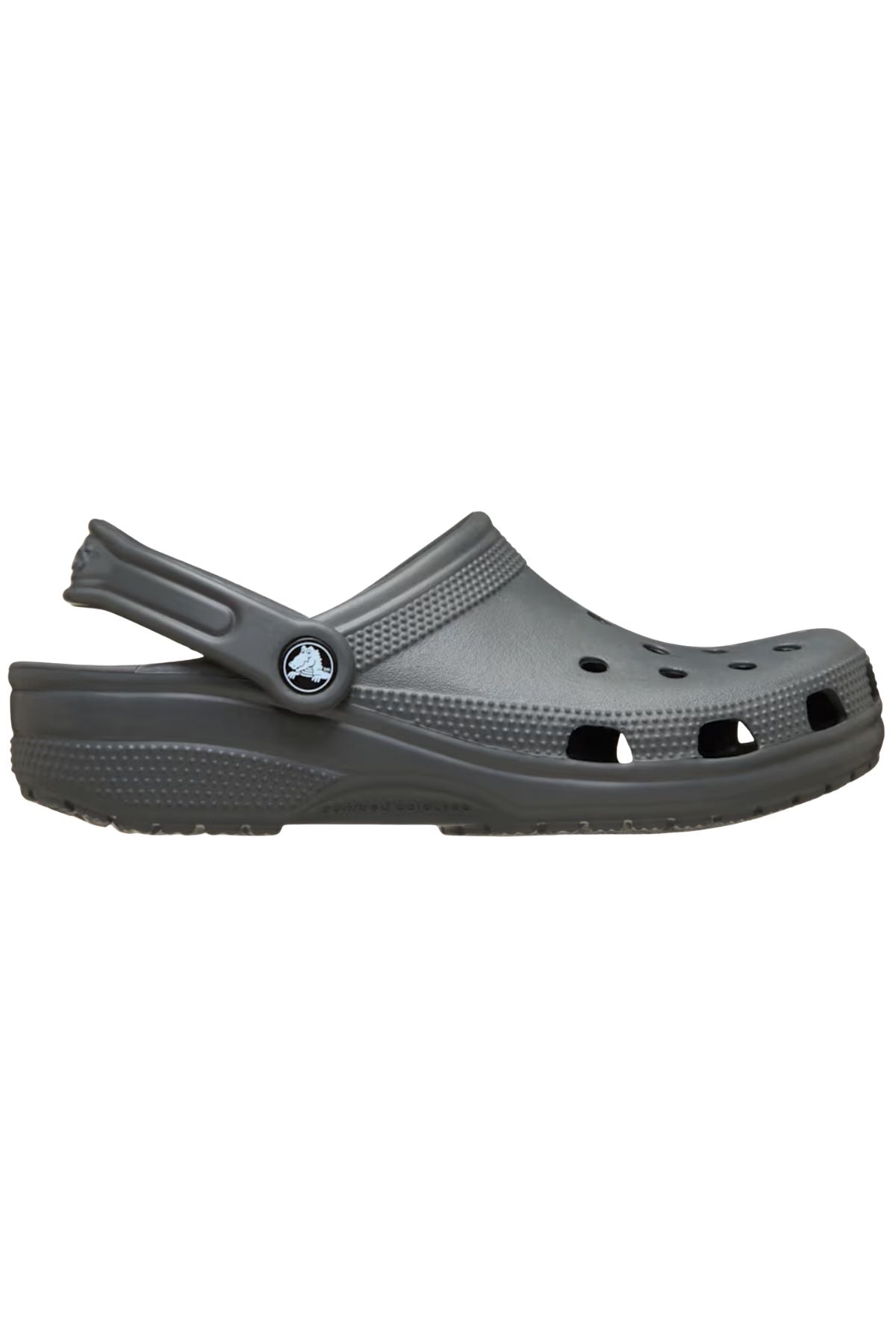 The Crocs Classic Clog is a gray, lightweight, and breathable shoe with top and side ventilation holes, an adjustable heel strap, and a textured soleβideal for any water adventure.