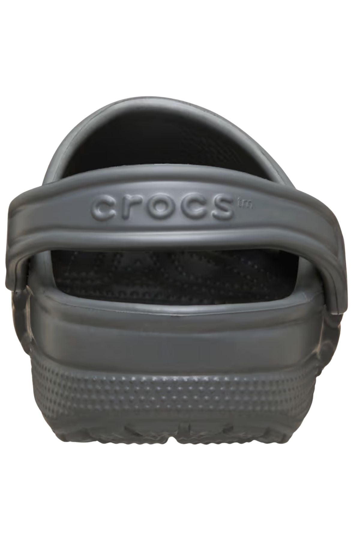 Back view of a gray Crocs Classic Clog featuring an upturned heel strap with "crocs" embossed, showcasing this lightweight and breathable classic perfect for any occasion.