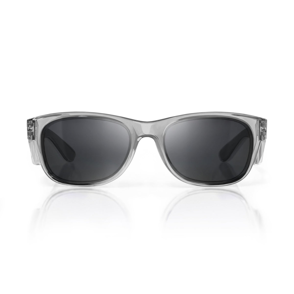 The SafeStyle Classics sunglasses feature a transparent graphite frame and dark polarised lenses, shown facing forward on a white background with a subtle reflection, providing enhanced UV protection.