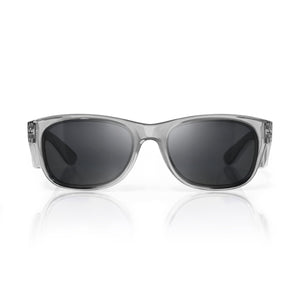 The SafeStyle Classics sunglasses feature a transparent graphite frame and dark polarised lenses, shown facing forward on a white background with a subtle reflection, providing enhanced UV protection.