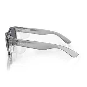 The SafeStyle Classics Graphite Frame Polarised Lens sunglasses feature a semi-rimless design with thick clear plastic arms and UV-protective polarised lenses, displayed side-on against a white background.