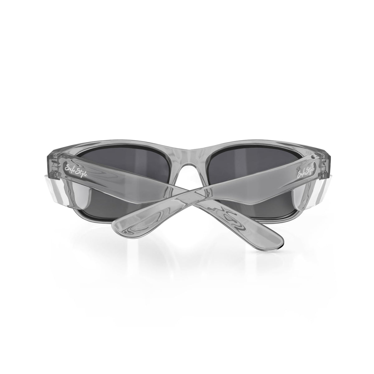 The SafeStyle Classics Graphite Frame Polarised Lens sunglasses are shown from the front, featuring dark lenses and crossed arms on a white background.
