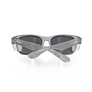 The SafeStyle Classics Graphite Frame Polarised Lens sunglasses are shown from the front, featuring dark lenses and crossed arms on a white background.