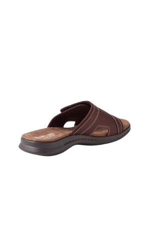 A back view of Colorado Iver Leather Slides in brown, featuring beige stitching, an open toe, cushioned insole, and black slip-resistant sole against a white background.