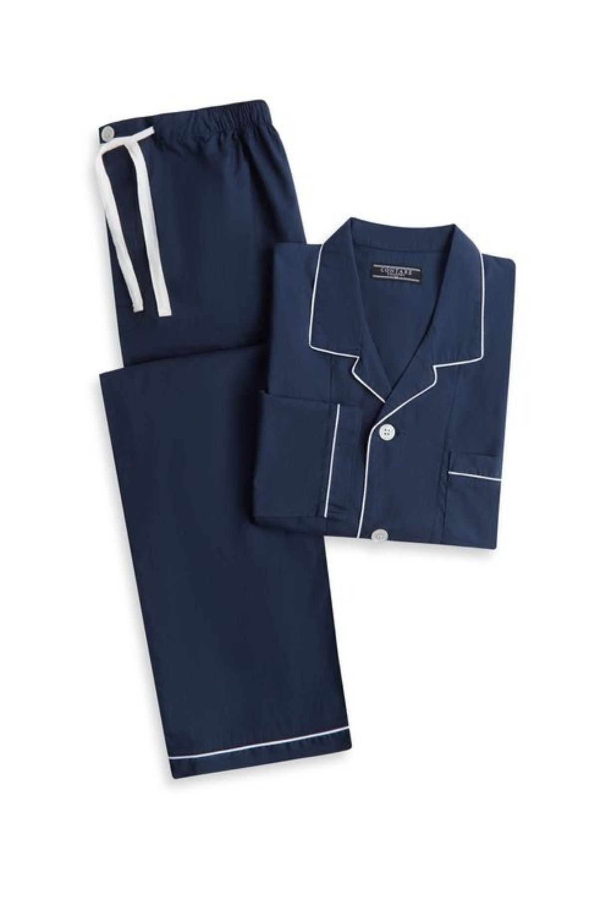 The Contare Country Cotton Rich Long Sleeve Classic Set in navy blue with white piping includes a button-up top with a chest pocket and matching drawstring pants, displayed flat on a white background.