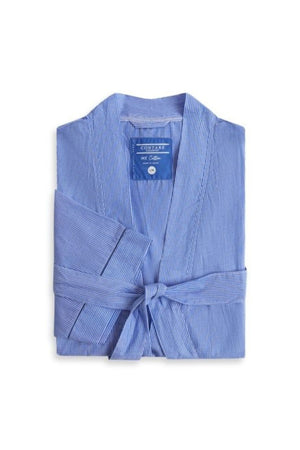 The Contare Country Summer Dressing Gown is a folded blue striped kimono-style robe with a belt, made from lightweight cotton. It features a small blue label with white text on the collar, making it perfect for breezy summer nights.