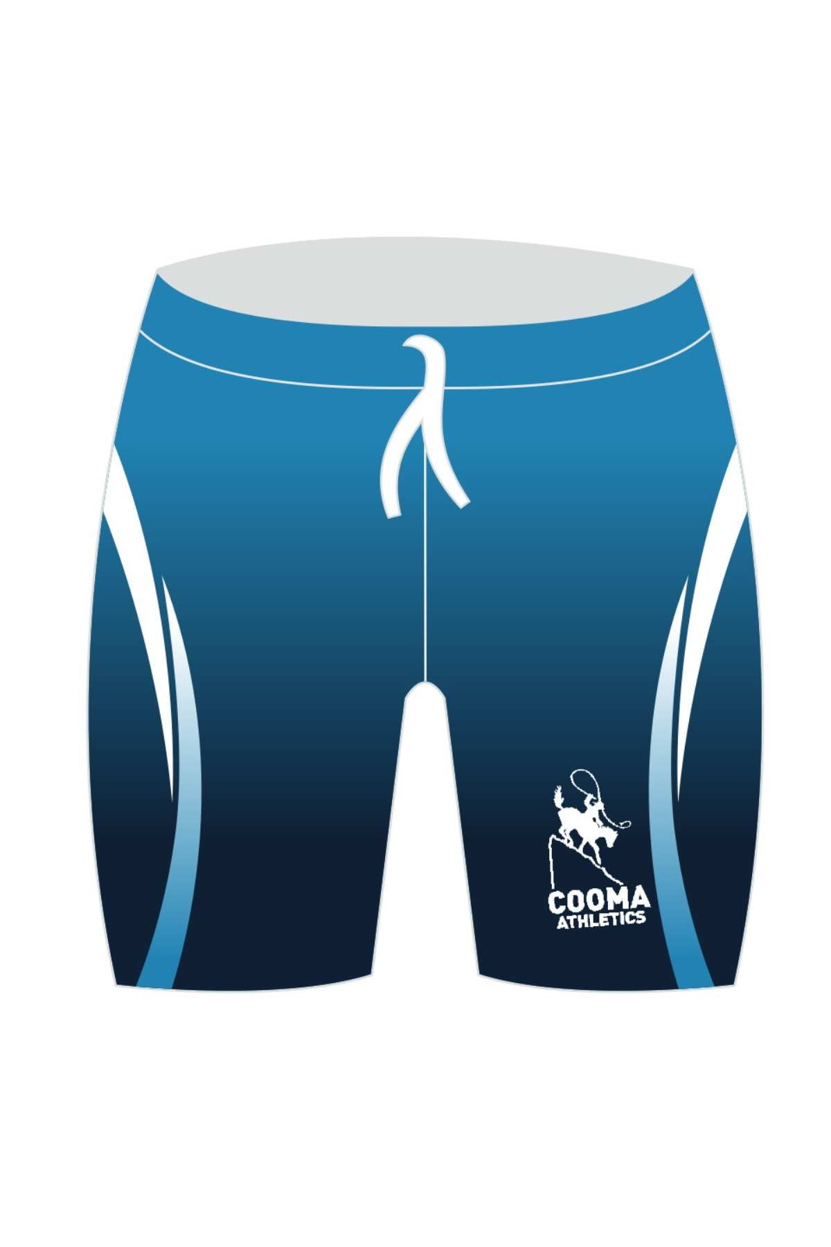 Blue Cooma Athletics Youth Long Shorts featuring white curved accents, a white drawstring waist, and a hurdler logo on the lower left leg. Perfect for pre-order!.