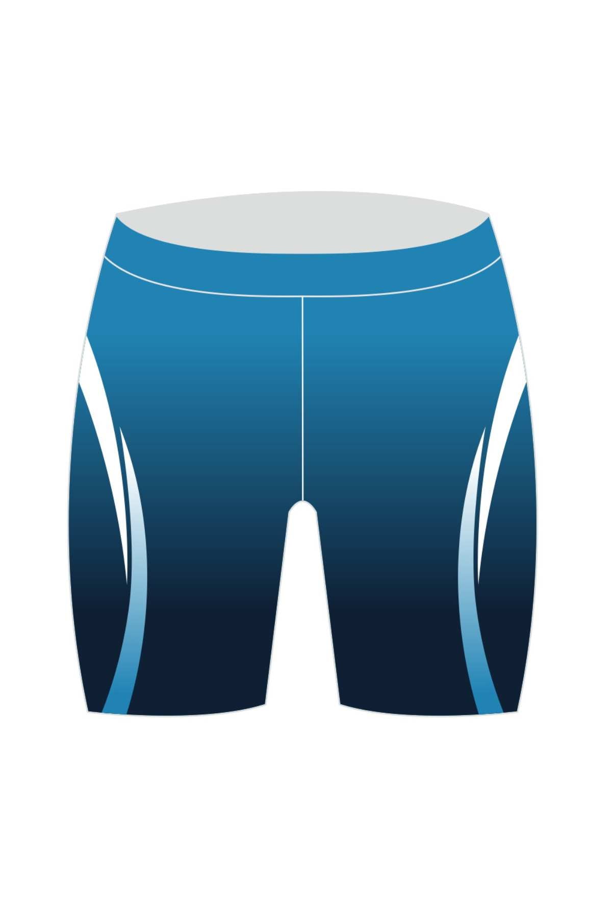 Front view of Cooma Athletics Youth Long Shorts in blue and black with curved light blue and white side accents, displayed on a white background. Now available for pre-order.