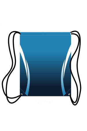 Introducing the Cooma Athletics Drawstring Bag, now available for pre-order. This bag features a sleek blue gradient design with black strings at each corner, boasting a smooth, glossy appearance highlighted by light reflections on both sides. The product is presented against a plain white background.