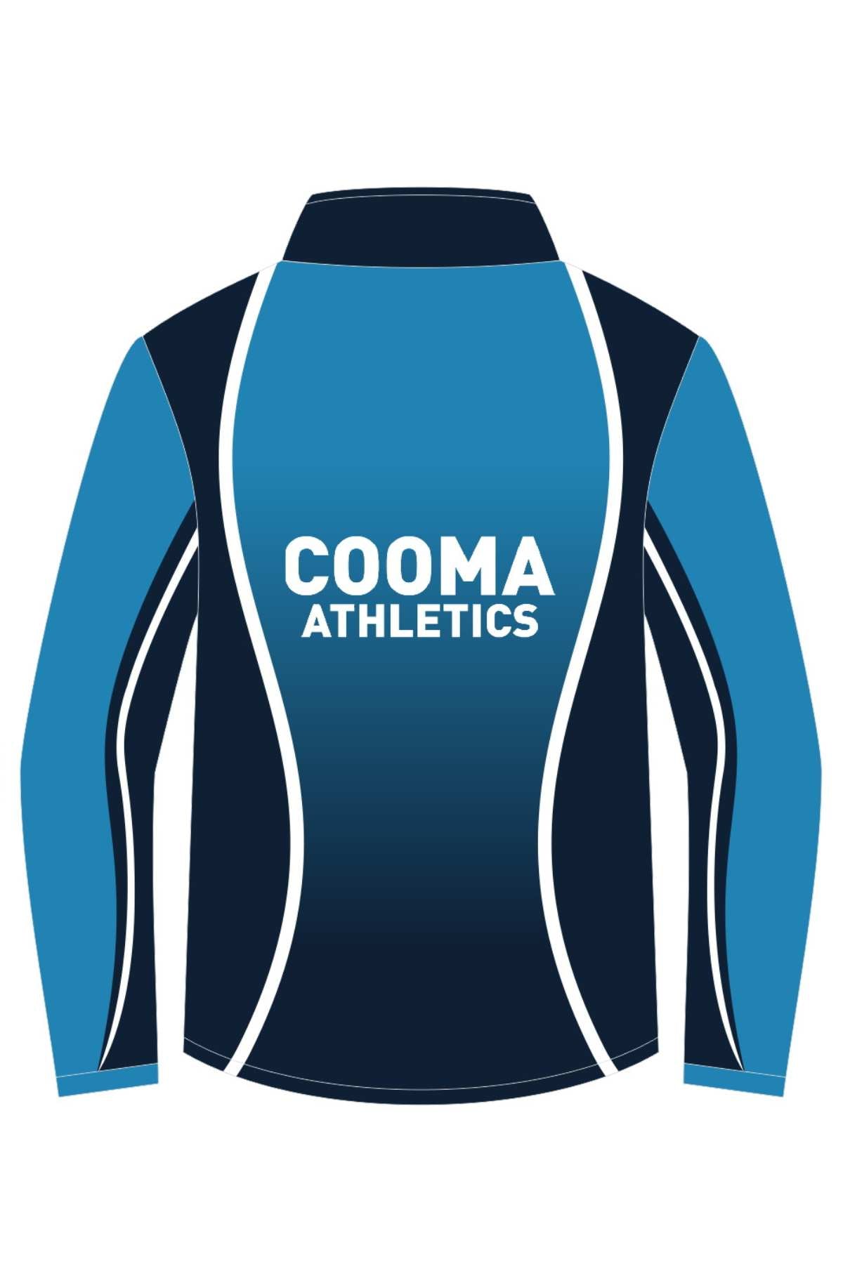 The Cooma Athletics Jacket features a blue and black design with chic white piping, "COOMA ATHLETICS" text on the back, and is available for pre-order.