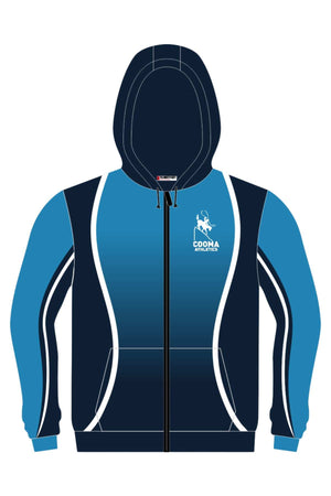 Introducing the Cooma Athletics Full Zip Polar Fleece Lined Hoodie in blue and navy, complete with a front zipper and white accents. The chest showcases the "COOMA ATHLETICS" logo accompanied by a stylized figure. This symmetrical design features a hood and two convenient pockets. Now available for pre-order.