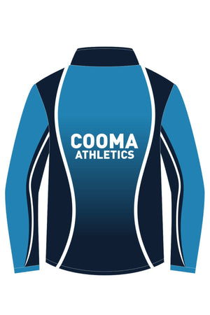Illustration of a long-sleeve athletic jacket, named Cooma Athletics Polar Fleece Lined Jacket, featuring a blue and navy gradient design with "COOMA ATHLETICS" in white on the back. White curved lines accentuate the sides and sleeves. Available for pre-order, ensuring you can pick it up in-store as soon as it launches.