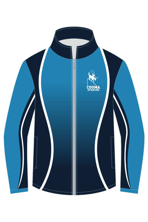 The Cooma Athletics Polar Fleece Lined Jacket, available for pre-order and in-store pick-up, boasts a sleek and sporty design in blue and black with white accents. It features a front zipper, two side pockets, and a logo on the upper left chest with "Cooma Athletics" written on it.