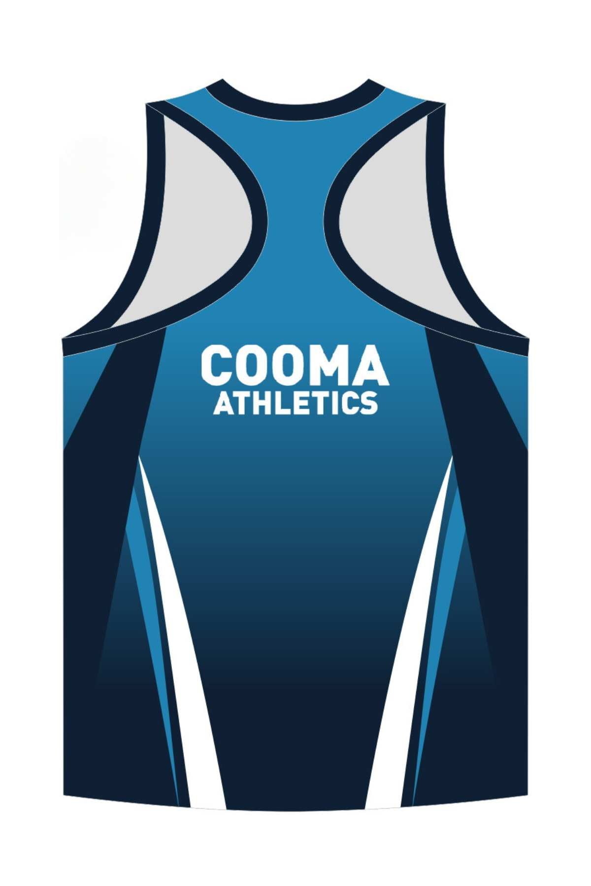 The Cooma Athletics Racerback Singlet features a blue design with dark gradient sides, white accents, and displays a kangaroo logo alongside the "Cooma Athletics" text on the chest. This pre-order item comes with the brand name "Mainstreet" on the inner neck tag, combining style with exclusivity.