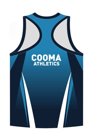 Presenting the Cooma Athletics Racerback Singlet, featuring a stylish blue and black gradient design with white accents. The back prominently displays "COOMA ATHLETICS" in sharp white lettering. Available for pre-order.