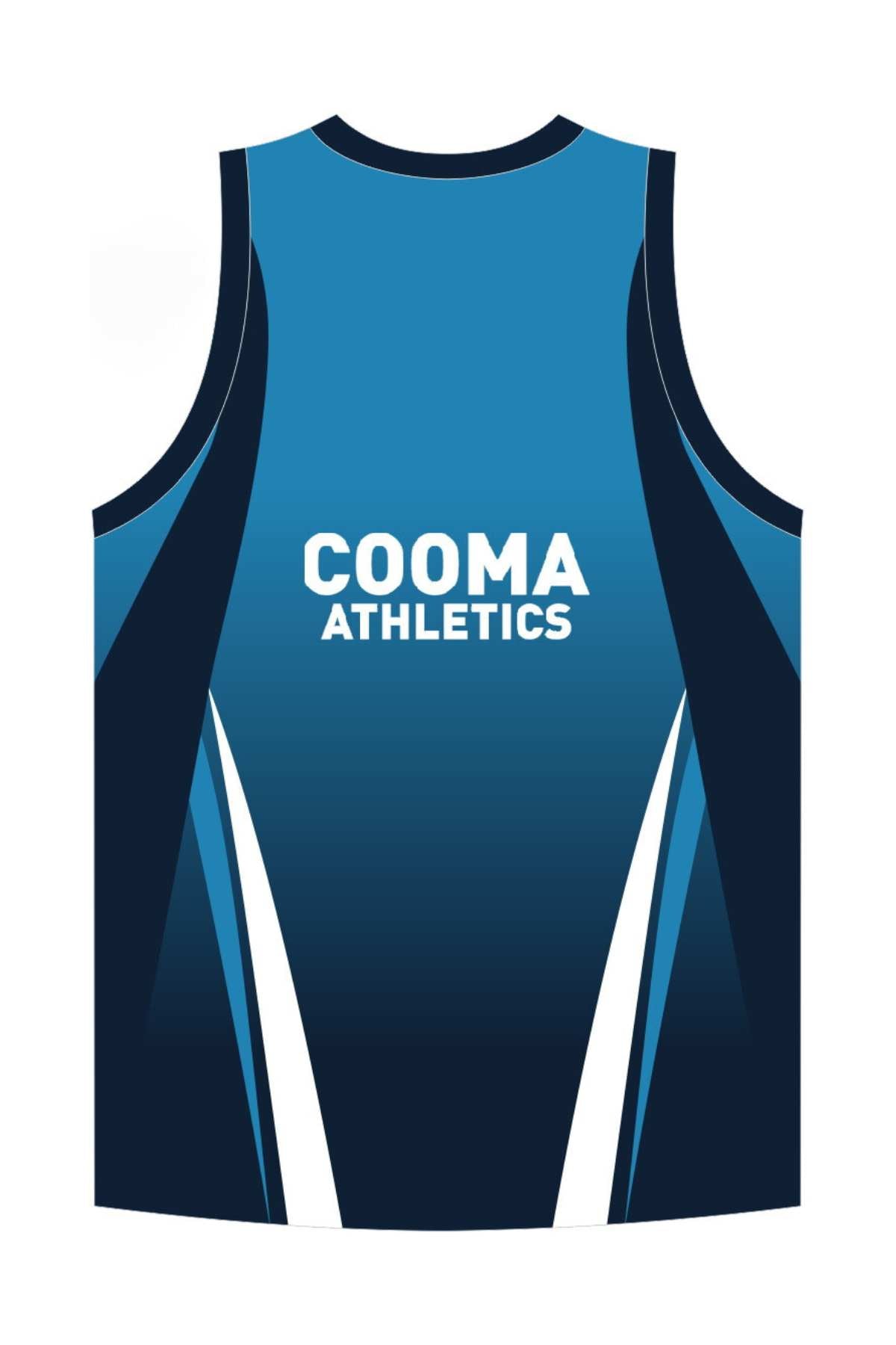The Cooma Athletics Singlet in vibrant blue prominently displays "COOMA ATHLETICS" in white on the back, complemented by dark and light blue panels with white accents for a stylish sporty look. You can pre-order it now or choose Pick-Up In-Store for quicker access!