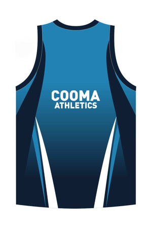The Cooma Athletics Singlet in vibrant blue prominently displays "COOMA ATHLETICS" in white on the back, complemented by dark and light blue panels with white accents for a stylish sporty look. You can pre-order it now or choose Pick-Up In-Store for quicker access!
