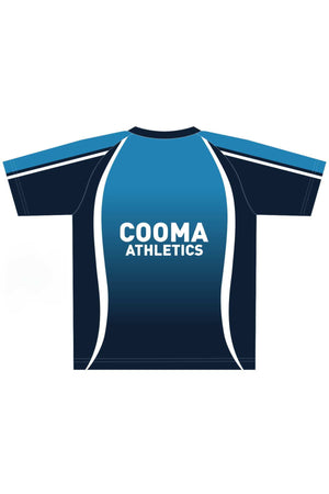 Discover the sporty elegance of the Cooma Athletics T-Shirt. This blue and black athletic tee boasts stylish white stripes and prominently showcases "Cooma Athletics" on the back. Available for pre-order or in-store pick-up, this versatile item is an essential addition to any active wardrobe.
