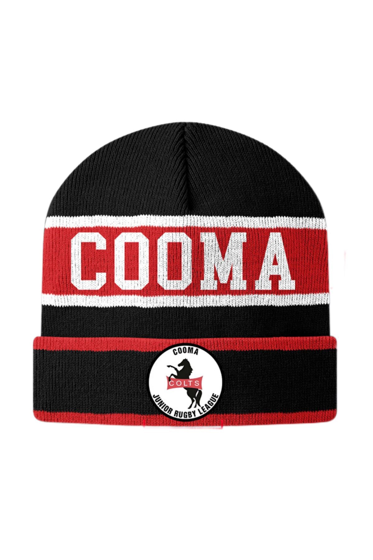 The Cooma Colts Beanie is black, red, and white with "COOMA" in bold letters on the front and a round patch on the cuff featuring a horse and "COOMA COLTS JUNIOR RUGBY LEAGUE" text.