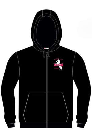 The Cooma Colts Full Zip Polar Fleece Hoodie PRE-ORDER features a black zip-up design, front pockets, white seams, and a small pink and white "Colts Coding and AI" horse logo on the left chest.