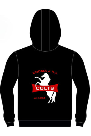 Pre-order the Cooma Colts Full Zip Polar Fleece Hoodie, featuring "COOMA J.R.L COLTS" in bold red and white on the back, a rearing white horse silhouette, and "est 1984" on a red banner—a must-have for proud Colts supporters.
