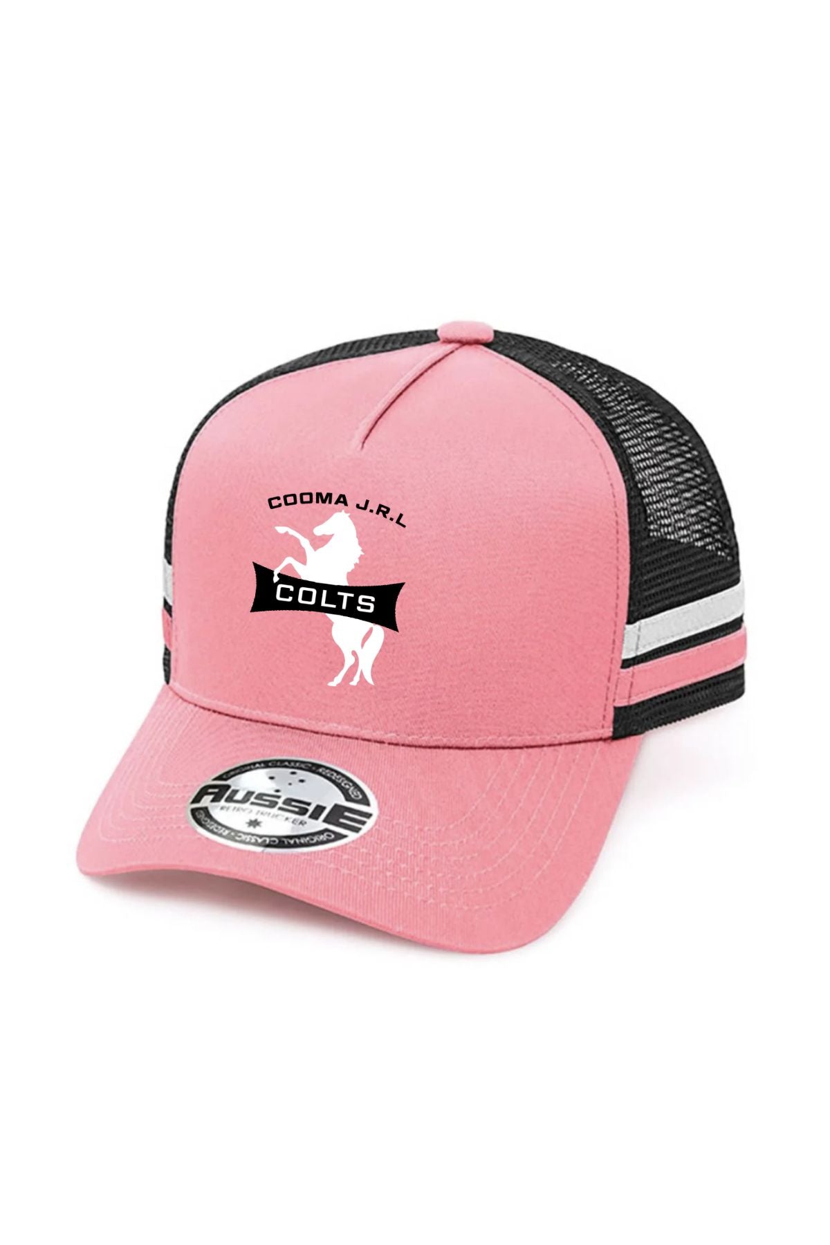 The Cooma Colts Girls Stripe Trucker Cap is pink and black with white and black striped mesh sides, a white horse graphic on the front, "COOMA J.R.L" above, and "COLTS" on a black banner below.