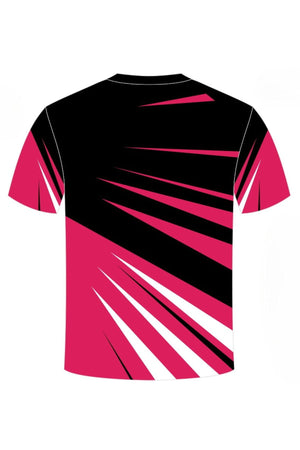 Pre-order the Cooma Colts Girls Training Tee—this short-sleeved top features bold black, magenta, and white geometric streaks diagonally across the back for standout style. Secure your exclusive tee now!.