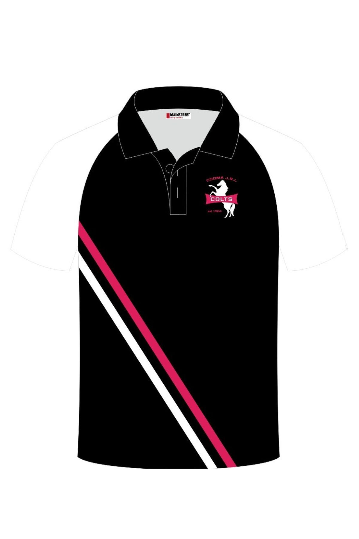 Cooma Colts Ladies Sublimated Club Polo PRE-ORDER: Black polo with white sleeves, pink and white diagonal stripes on lower left, and a pink/white logo with text on the left chest. Pre-order now; minimum order quantity applies.