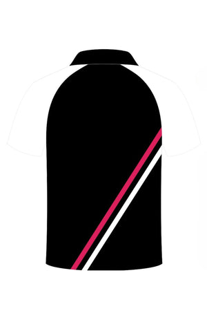 The Cooma Colts Ladies Sublimated Club Polo features a black body, white sleeves, red and white diagonal stripe, and classic black collar. Available for pre-order with a minimum order quantity required.