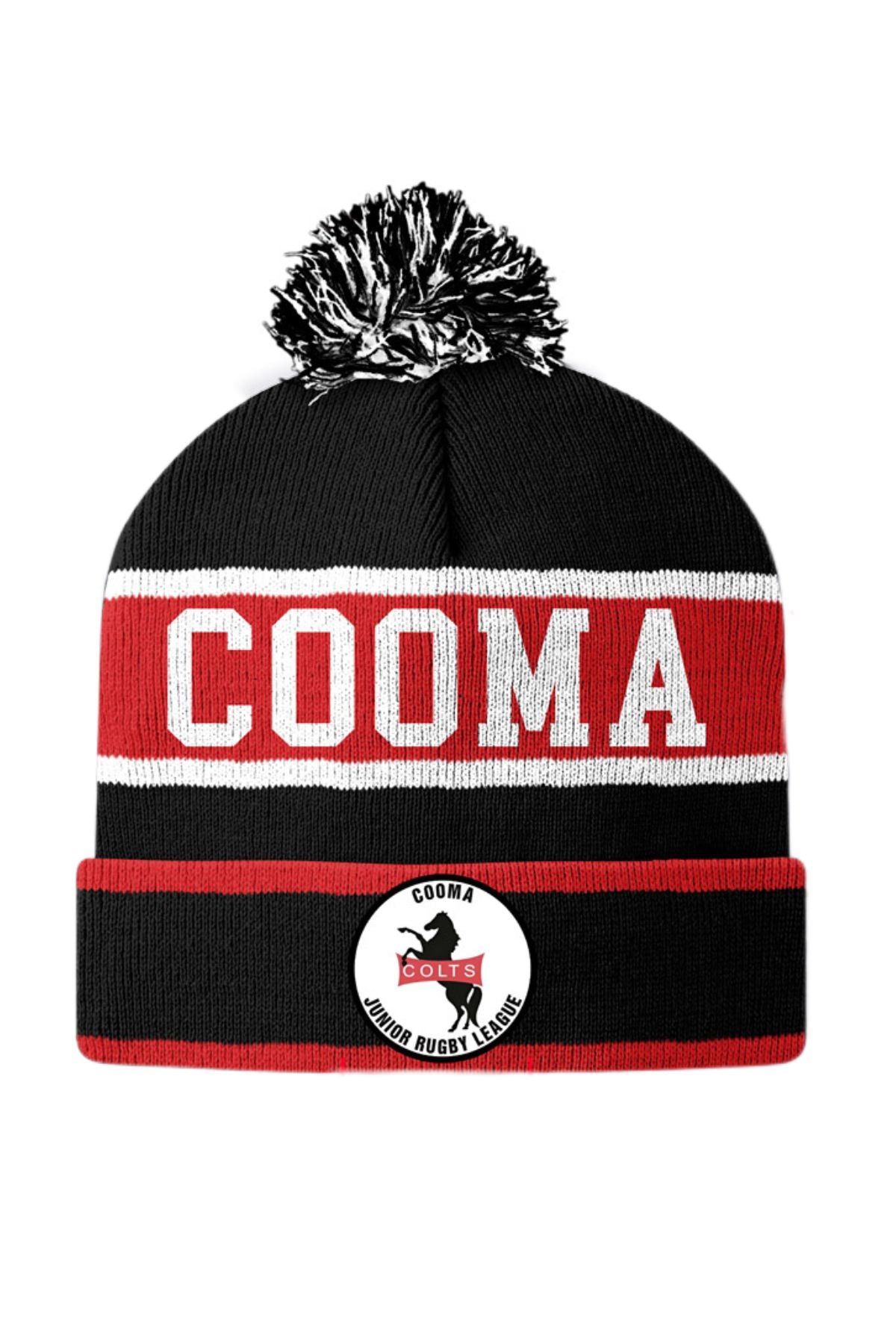 The Cooma Colts Pom Pom Beanie is black, red, and white with "COOMA" on the front and a patch featuring a horse graphic and “Cooma Colts Junior Rugby League.”.