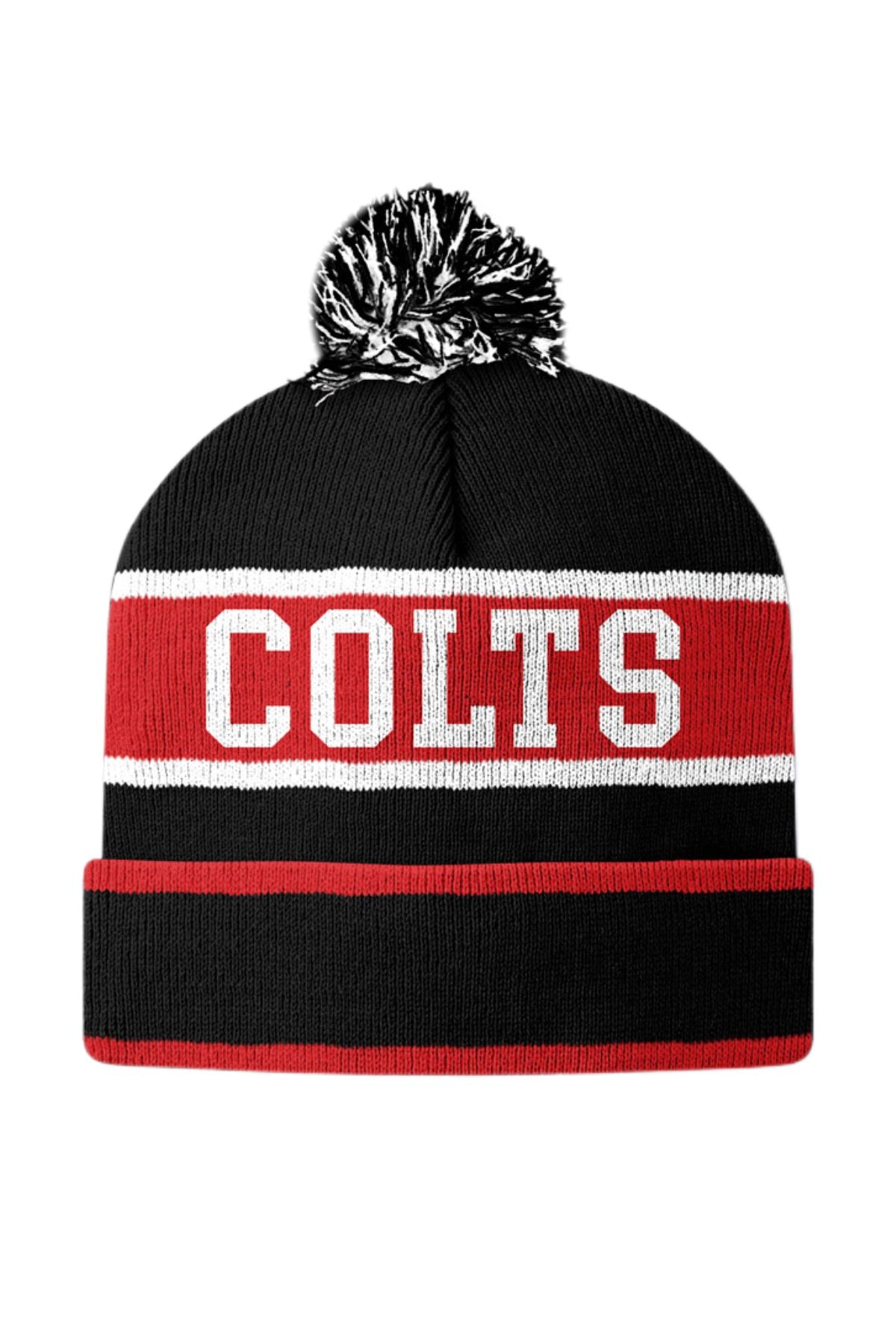 The Cooma Colts Pom Pom Beanie is black, red, and white with "COOMA" on the front and a patch featuring a horse graphic and “Cooma Colts Junior Rugby League.”.