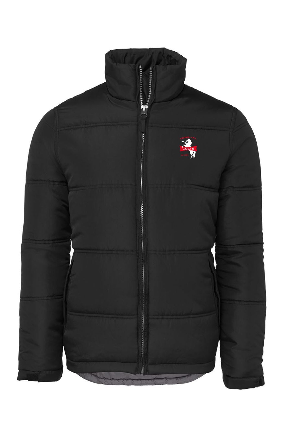 The Cooma Colts Puffer Jacket PRE-ORDER is a black jacket with a front zipper, high collar, and a small red and white embroidered logo on the left chest. Plain white background. Pre-order now; minimum order quantity may apply.