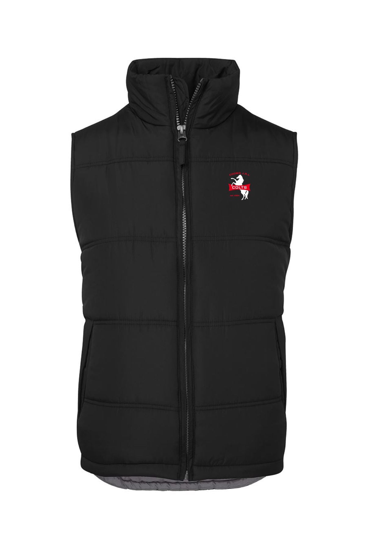The Cooma Colts Puffer Vest PRE-ORDER is a black, sleeveless vest with a front zipper, high collar, and a small red and white logo on the left chest. Pre-order now; minimum order quantity applies.