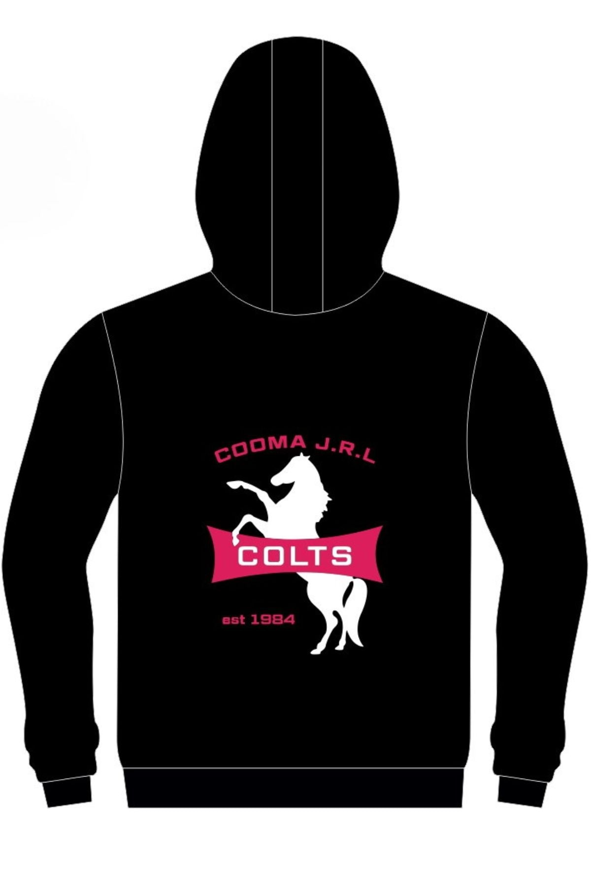 Pre-order the Cooma Colts Pullover Cotton Lined Hoodie—a black hoodie with front pocket and left chest logo featuring a white horse and red “COLTS” banner. Comfortable cotton lining.