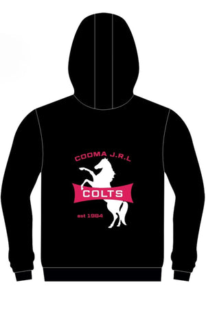 Pre-order the Cooma Colts Pullover Cotton Lined Hoodie, featuring a black cotton-lined design with a white horse silhouette, bold red "COOMA J.R.L", a red "COLTS" banner, and "est 1984" below.
