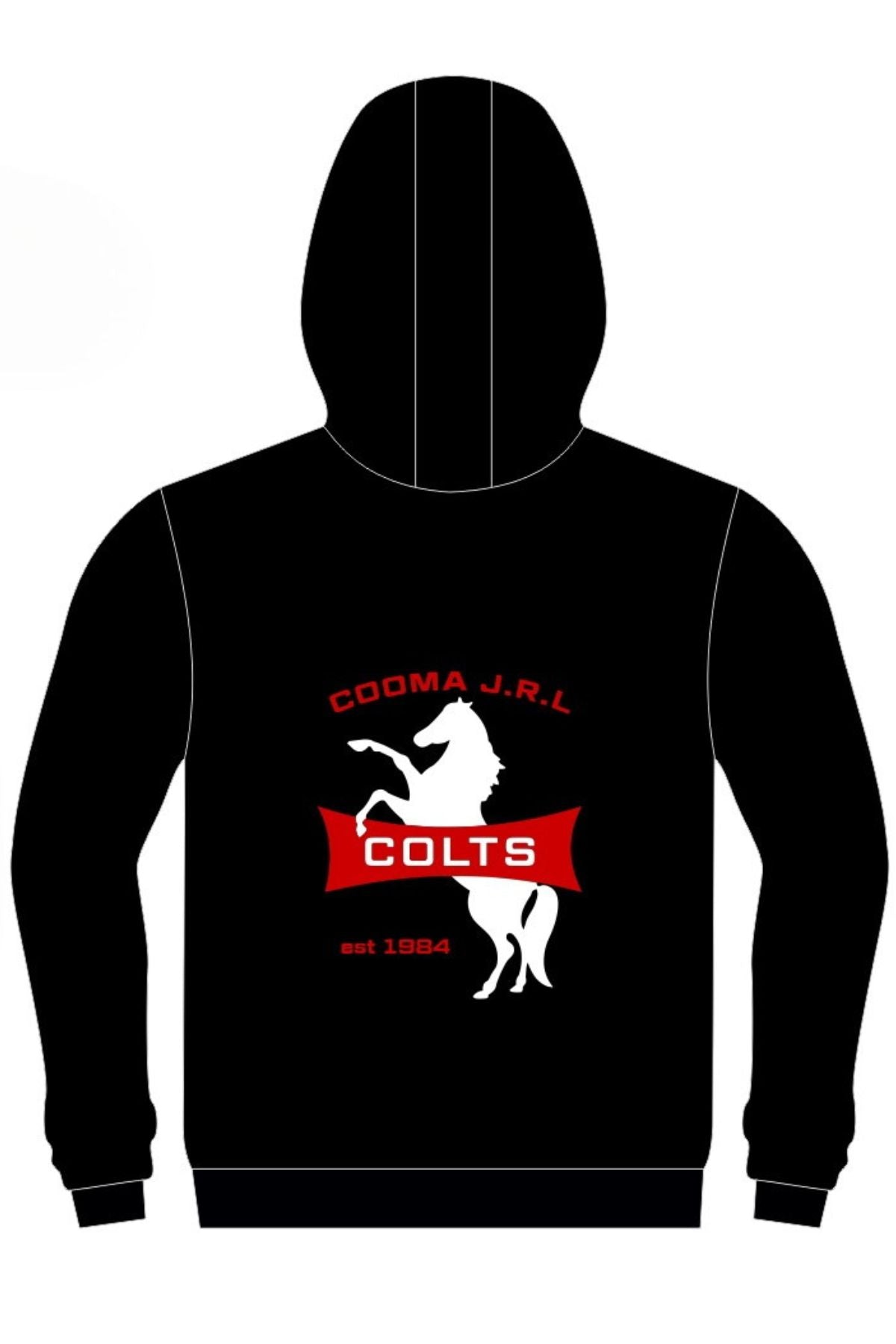 The Cooma Colts Pullover Cotton Lined Hoodie features a white rearing horse, "COOMA J.R.L." above, "est 1964" in red below, and a bold red "COLTS" banner. Available now for pre-order.