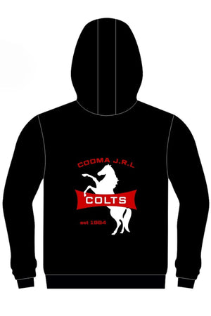 The Cooma Colts Pullover Cotton Lined Hoodie features a white rearing horse, "COOMA J.R.L." above, "est 1964" in red below, and a bold red "COLTS" banner. Available now for pre-order.