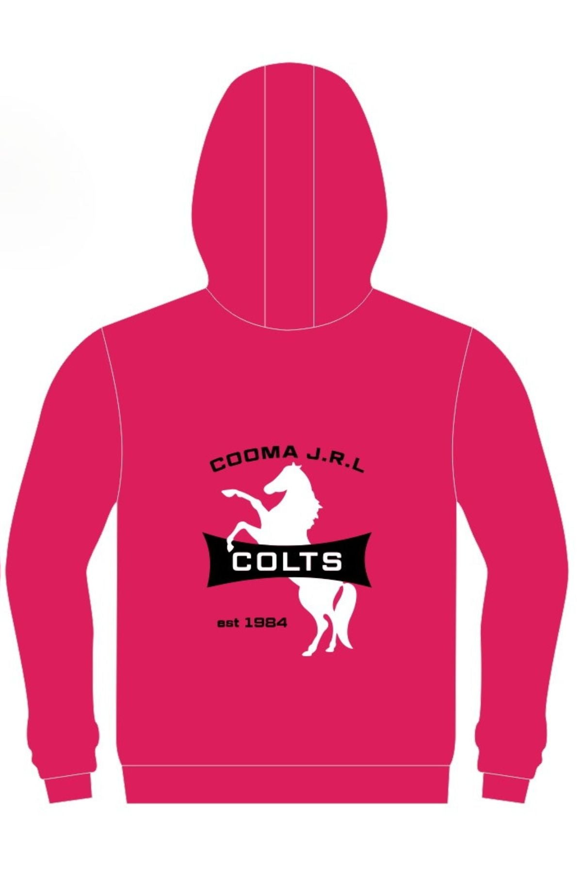 The Cooma Colts Pullover Cotton Lined Hoodie PRE-ORDER comes in bright pink with a white rearing horse, "COOMA J.R.L" above, and "COLTS" on a black banner over "est 1984"—all centered on the back. Secure yours now!.