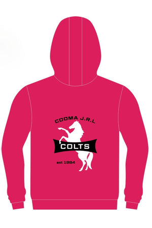 The Cooma Colts Pullover Cotton Lined Hoodie PRE-ORDER comes in bright pink with a white rearing horse, "COOMA J.R.L" above, and "COLTS" on a black banner over "est 1984"—all centered on the back. Secure yours now!.