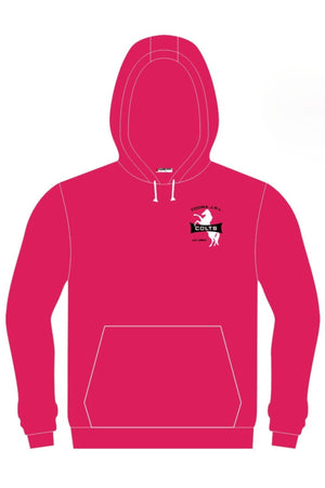 Bright pink Cooma Colts Pullover Cotton Lined Hoodie with front pocket. Left chest has a black and white horse logo, "CRONULLA S.H.S. COLTS," and "EST. 1964." This is a pre-order item.