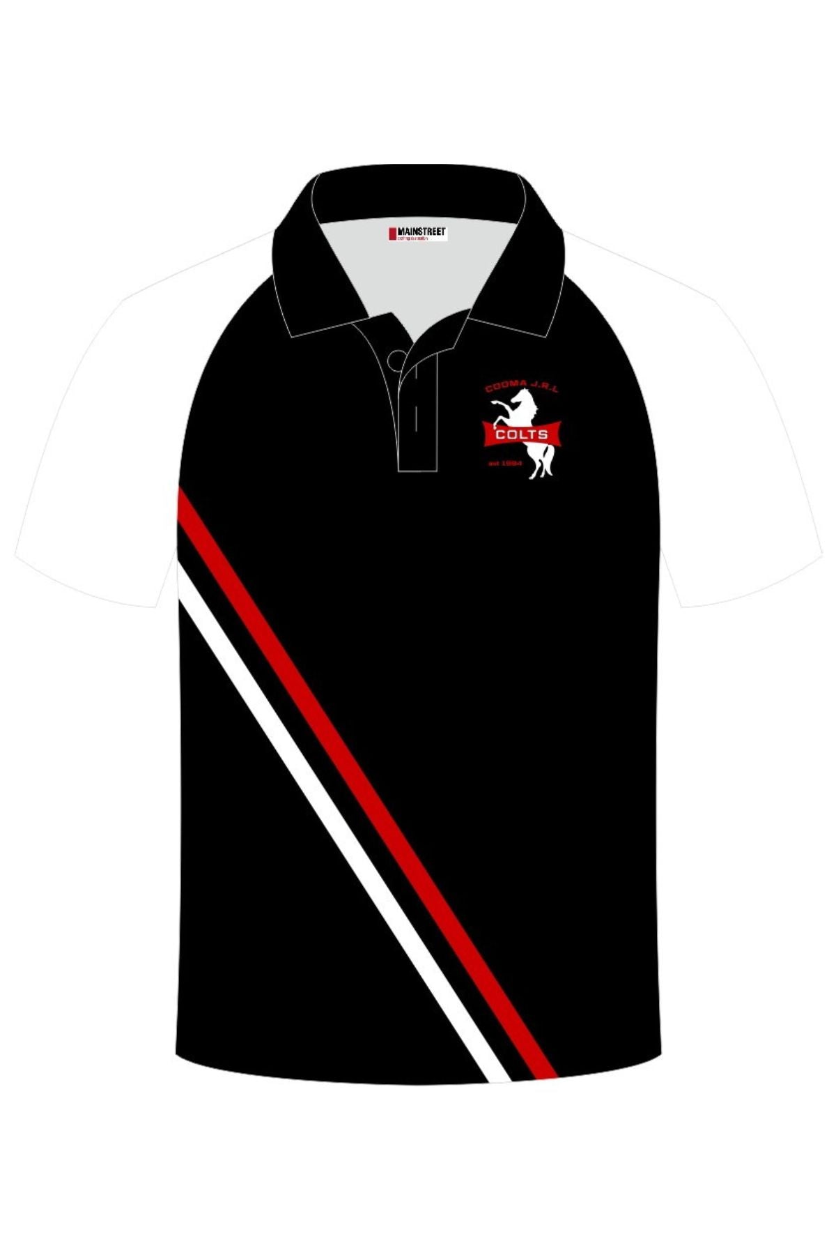 Support the team in style with the Cooma Colts Sublimated Club Polo PRE-ORDER—a short-sleeve polo with a black body, white sleeves, diagonal red and white stripes, and a horse logo with “Colts” on the chest.