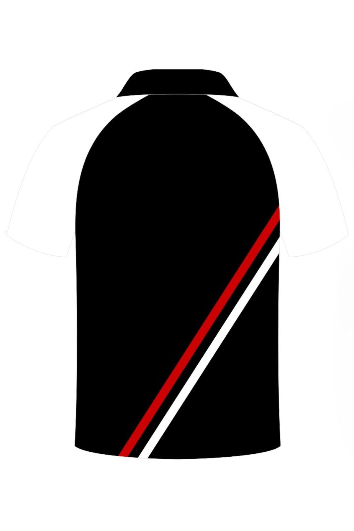 Support the team in style with the Cooma Colts Sublimated Club Polo PRE-ORDER—a short-sleeve polo with a black body, white sleeves, diagonal red and white stripes, and a horse logo with “Colts” on the chest.