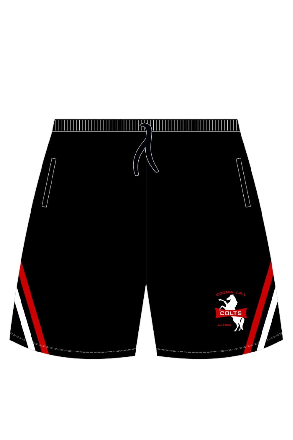 Pre-order the Cooma Colts Training Short: black with side pockets, red and white diagonal leg stripes, and a horse "COLTS" logo on the front right leg. Minimum order quantity applies.